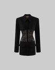 ROVENTE Structured Shoulder Lace Corset Mini Dress with Pointed Collar & Flap Pockets