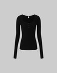 IAMXIAA Slim Fit Ribbed Henley Top with Scoop Neck and Button Detail