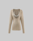 ROVENTE Deep V Knit Top with Sequin Bra and Shorts Set