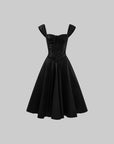 ROVENTE Off-Shoulder Satin Corset Midi Dress with Flared Skirt