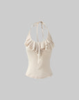 Rase le sol Ruffled Halter Sleeveless Knit Top in Soft Cream - PINKPARKS