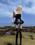 Rase le sol Cross-Laced Ruffle Strapless Top & Layered Lace Mini Skirt Set