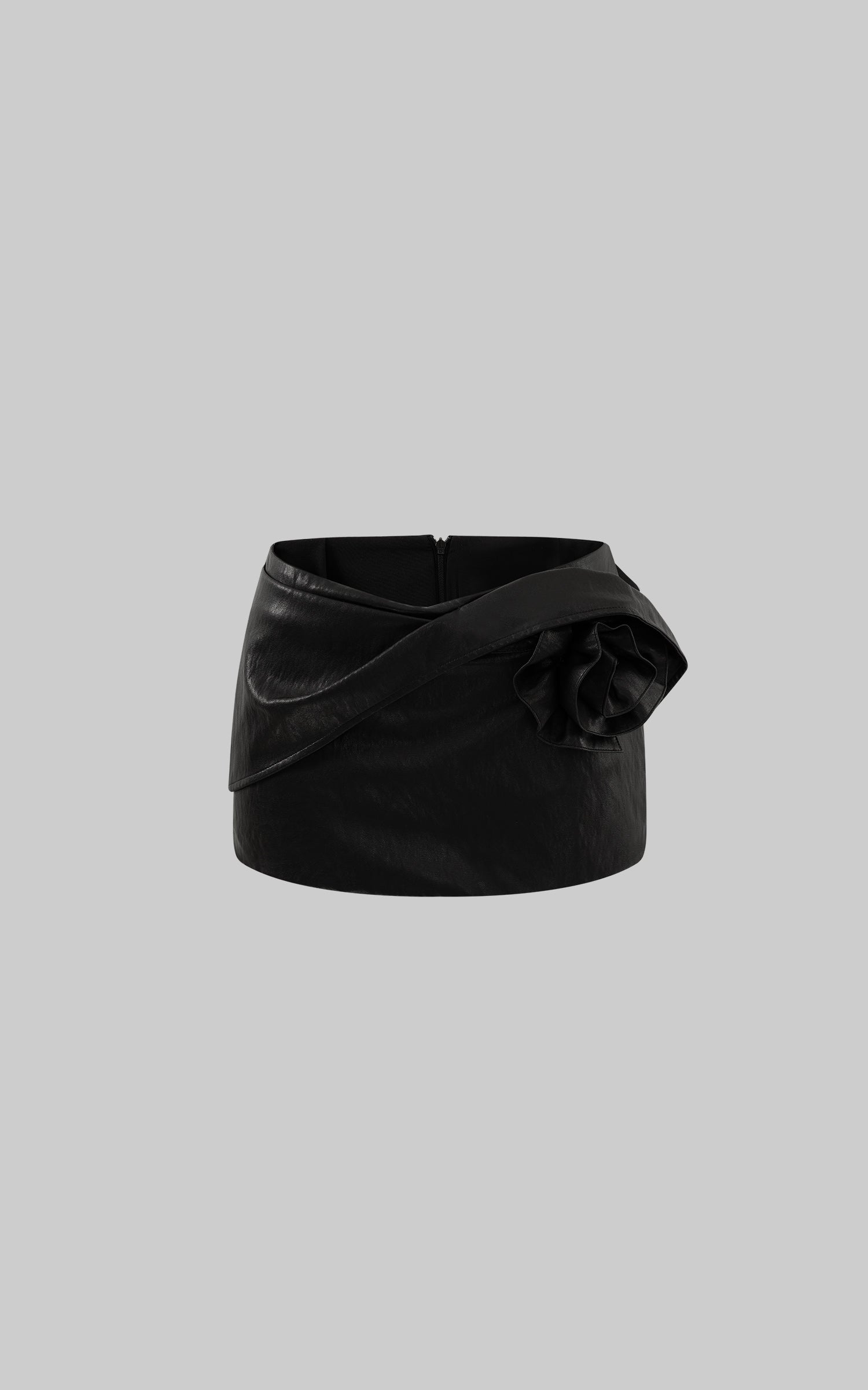 ROVENTE Faux Leather Mini Skirt with Draped Rose Detail