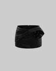 ROVENTE Faux Leather Mini Skirt with Draped Rose Detail