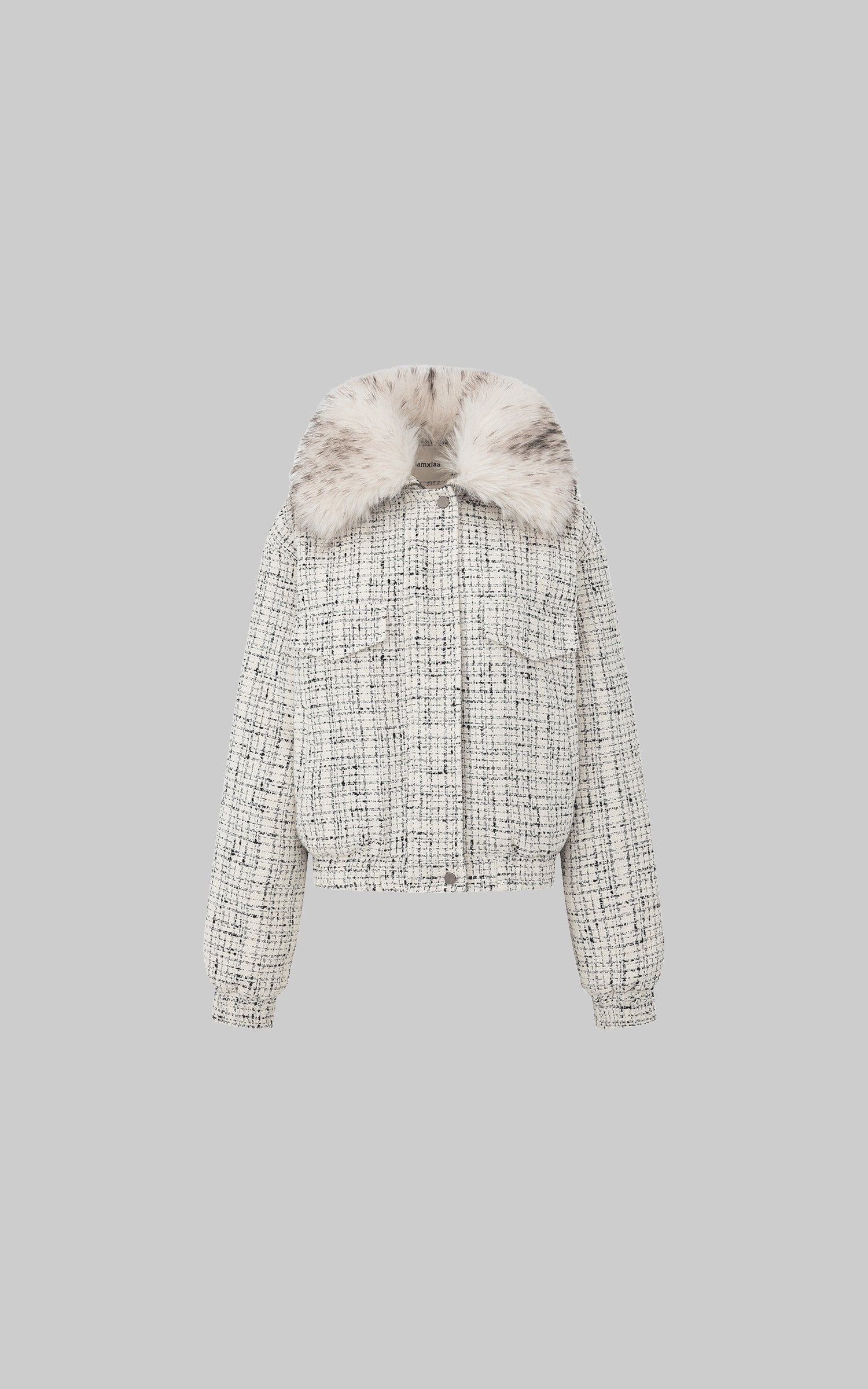 IAMXIAA Faux Fur Collar Tweed Short Jacket Women Winter Padded Cropped Outerwear