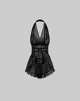 Rase le sol Layered Sheer Lace & Ribbon-Tied Halter Top