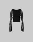 IAMXIAA Sheer Ribbed Knit Cape Sleeve Open Back Cropped Top