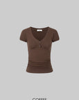 IAMXIAA Ruched V-Neck Button Front Slim Fit Short Sleeve Stretch Tee