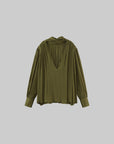 ROVENTE Draped Deep V-Neck Blouse with Tie Collar and Billowy Sleeves