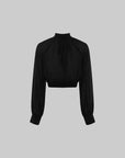 Hydrae Sheer Glitter High-Neck Draped Balloon-Sleeve Cropped Blouse