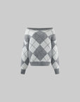 WARDEN EDGE Argyle Off Shoulder Oversized Knit Sweater
