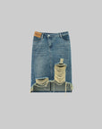 WARDEN EDGE Distressed Denim Midi Skirt with Asymmetrical Hem - PINKPARKS