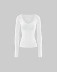 ROVENTE Lace-Trim Deep V-Neck Long-Sleeve Top with Slim Fit & Fine Ribbed Texture