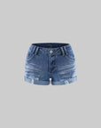 Rase le sol Distressed Denim Mini Shorts with Back Graphic Print and Raw Hem Detail