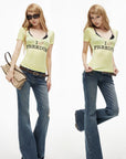 IAMXIAA Freedom Graphic Scoop Neck Fitted Baby Tee with Rhinestone Logo Print