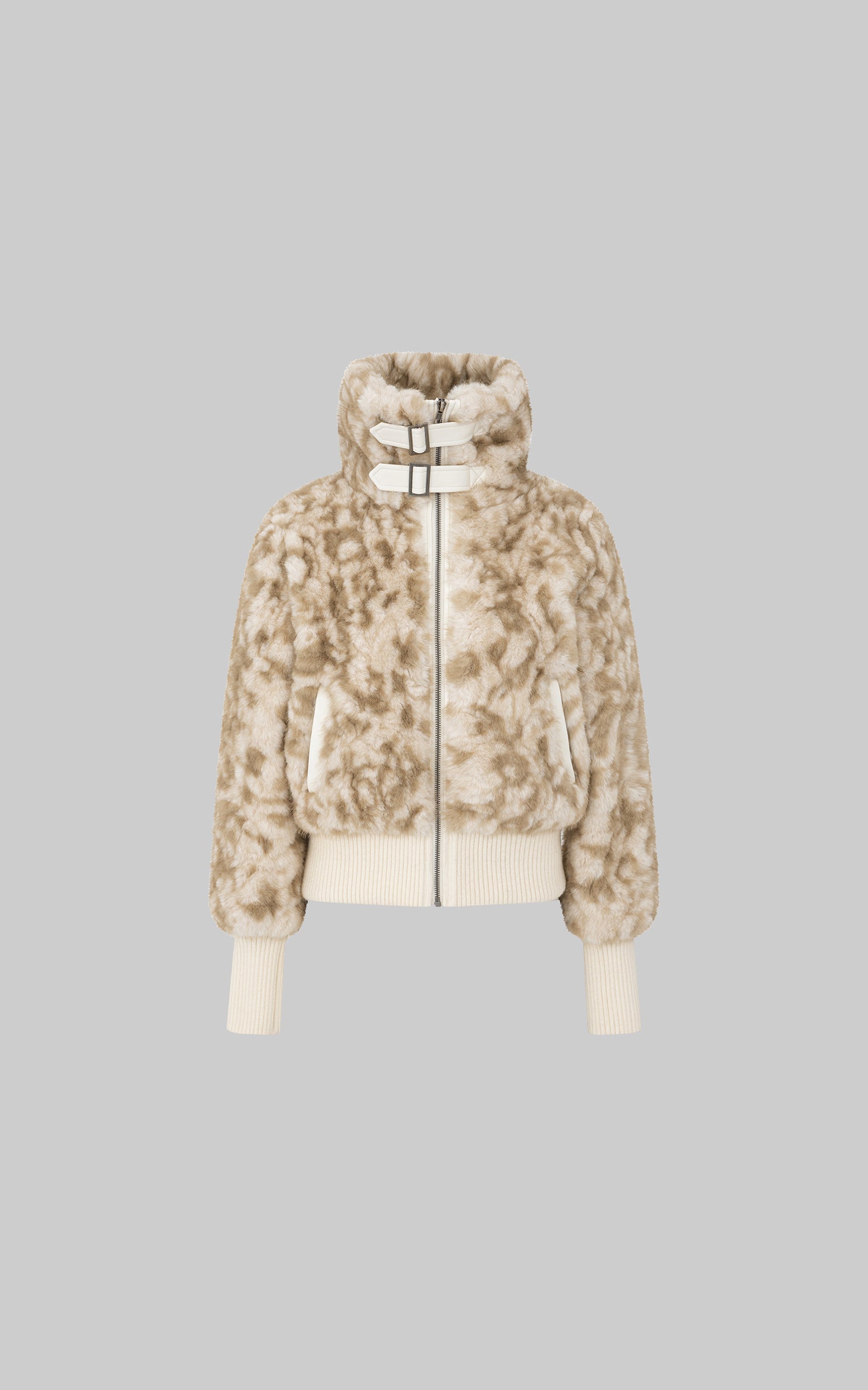 IAMXIAA Faux Fur Short Jacket with Buckle Collar and Ribbed Hem