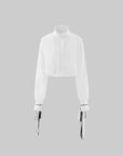 WARDEN EDGE Victorian Ruffle Collar Cropped Blouse with Lace Sleeve Details
