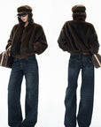 IAMXIAA Chocolate Brown Fur-Effect Cropped Bomber Jacket