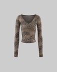 Hydrae Leopard Print Long Sleeve Top With Fitted Silhouette And Lace Trim Details