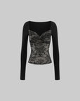 Hydrae Lace Contrast Ruched Bust Long Sleeve Top With Sheer Floral Texture