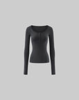 0122stepll Scoop Neck Button-Front Slim-Fit Long Sleeve T-Shirt