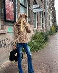 Rase le sol Leopard Plush Zip-Up Jacket with Sculpted Waist & Ear-Detail Hood