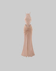 ROVENTE Embellished Lace Open Back Ruched Mesh Maxi Dress