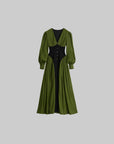 DOINDULGE Robe longue à manches bouffantes, taille corset et col en V