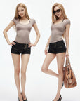 IAMXIAA Soft Stretch V-Neck Body-Hugging Cap Sleeve Top
