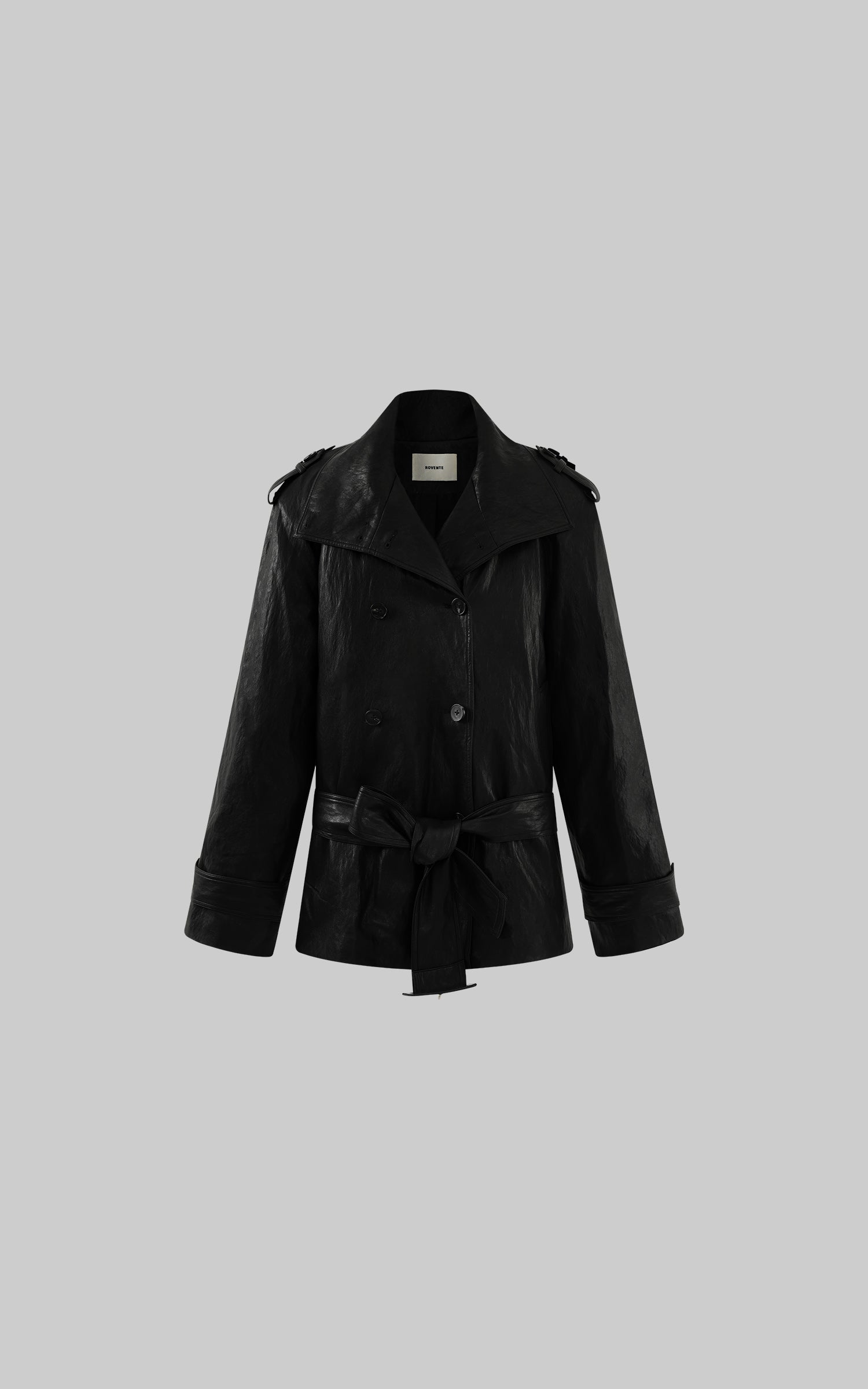 ROVENTE Faux Leather Belted Short Trench Coat