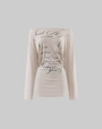 Hydrae Off Shoulder Script Print Long Sleeve Top