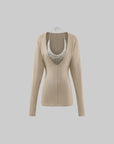 ROVENTE Deep V Knit Top with Sequin Bra and Shorts Set