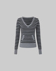 IAMXIAA Pull en maille à rayures col en V avec poches avant