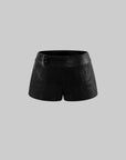 Hydrae Faux Leather Tailored Mini Shorts with Asymmetric Button Waistband and Sleek Back Pocket Details