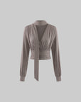Hydrae Draped Wrap Front Ruched Long Sleeve Top With Asymmetric Neckline