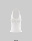 Hydrae Floral Appliqué Ribbed Halter Neck Crop Top Sculpt Fit Sleeveless Minimal