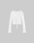 DreamyNerd Rosette Lace-Up Cardigan & Ruffle Mini Skirt Set – Ivory Whimsy