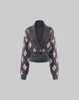 Rase le sol Argyle Knit Cropped Cardigan with Double Button Waist Design