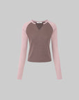 IAMXIAA Colorblock Raglan Sleeve Notch Neck Long Sleeve Top