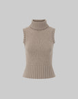 IAMXIAA Retro Slim-Fit Turtleneck Sleeveless Wool Knit Top with Ribbed Hem