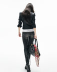 IAMXIAA Veste en cuir moto noire sculptée