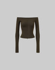 ROVENTE Off-Shoulder Slim-Fit Long Sleeve Top with Front Hem Slit - PINKPARKS