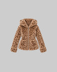 Rase le sol Leopard Plush Zip-Up Jacket with Sculpted Waist & Ear-Detail Hood