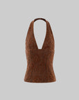 ROVENTE Lace Halter Top in Brown Velvet