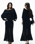 IAMXIAA Asymmetric Off-Shoulder Sheer Knit Top & Maxi Skirt Set