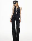 IAMXIAA Sequin Waist Halter Open-Back Peplum Top