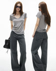 IAMXIAA Jean gris délavé taille basse à jambe large