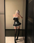 Rase le sol Cross-Laced Ruffle Strapless Top & Layered Lace Mini Skirt Set