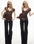 IAMXIAA Ruched V-Neck Button Front Slim Fit Short Sleeve Stretch Tee