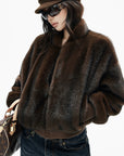 IAMXIAA Chocolate Brown Fur-Effect Cropped Bomber Jacket